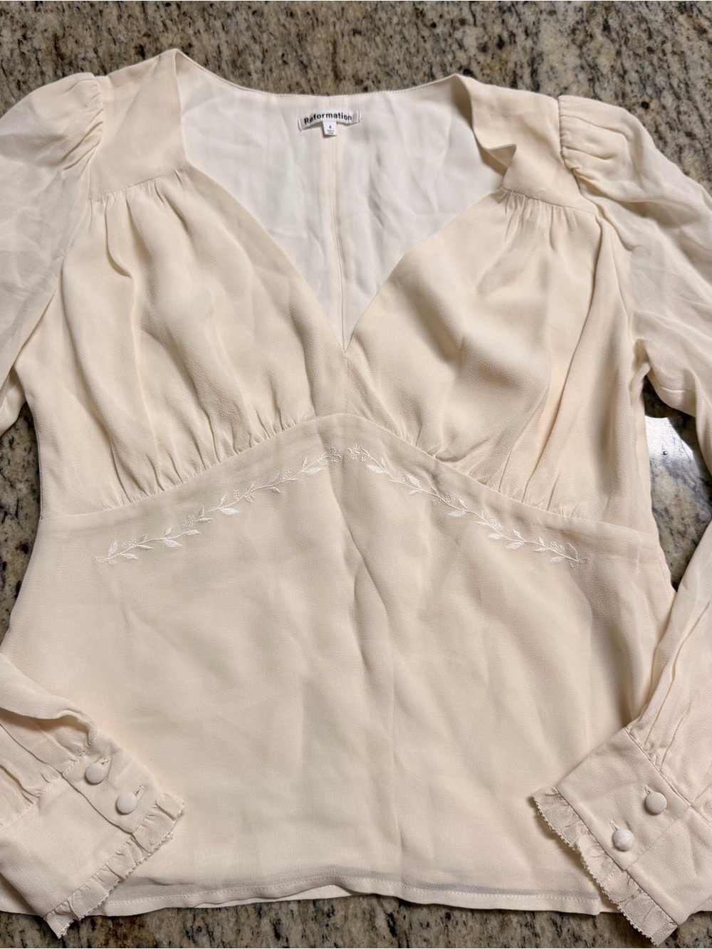 Reformation Cream V-Neck Embroidered Waist Blouse